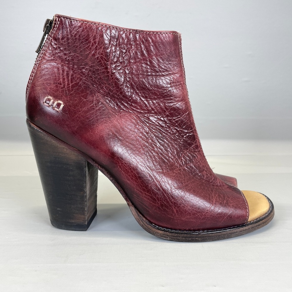 Bed Stu Onset Booties Womens Size 9.5 Burgundy Leather Bench Made Peep Toe Shoes